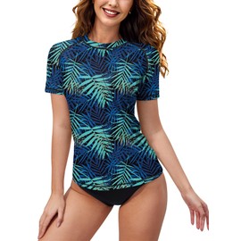 Women's Breathable Rash Vest Quick Drying UPF 50+ UV Protection Swimming Tops Green Leaves S