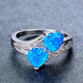 Anillo Bohemio De Ópalo Blanco Y Azul para Mujer, Anillos De Boda De Corazón De Color Plateado para Mujer, Anillo De Compromiso De Amor Prometido