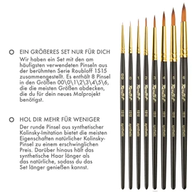 Roubloff Professional Kolinsky Imitation Brush Set, 8 Round Synthetic Brushes in Sizes 00 0 1 2 3 4 5 6, Use with Acrylic, Watercolour, Gouache and Oil Paints