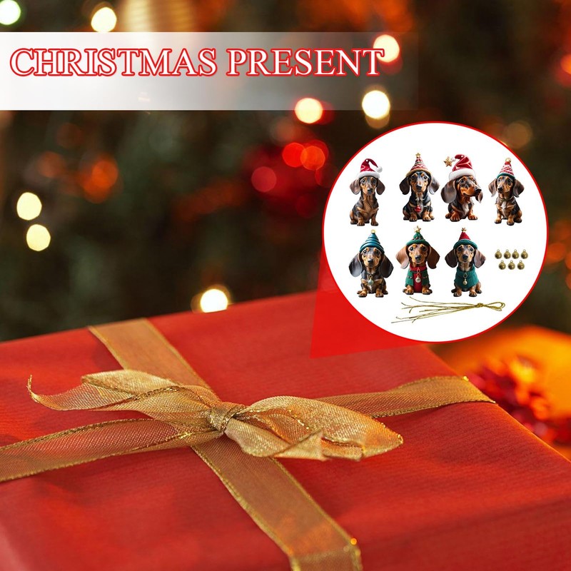 Pack of 7 Dachshund Christmas Tree Decorations Cute 2D Acrylic