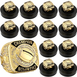 Landical 12 Pcs Gold Football Championship Rings Ball Games Championship Trophy Rings Sport Ball Award Gift with Display Neck Chain and Stand for Tournament or League Champion Winner