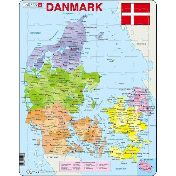 Larsen Puzzles Denmark Map 70 Piece Children's Educational Jigsaw Puzzle