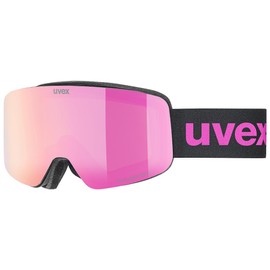 uvex pwdr FM - Stylish Mirrored Ski Goggles with Wide Field of View and Anti-Fog Coating with Adult Features for Children - Black Matt/Pink-Clear - One Size