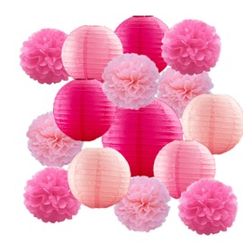 15 Pcs Pink Paper Lanterns Rose Red and Pink Round Chinese Lanterns Tissue Flowers for Wedding Birthday Mothers Day Engagement Baby Showers Party Decorations