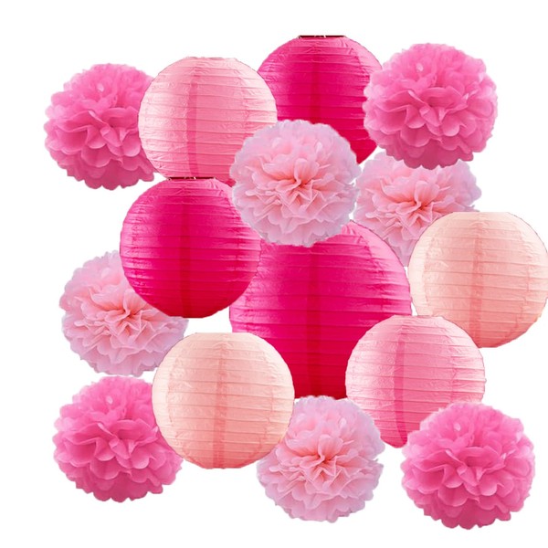 15 Pcs Pink Paper Lanterns Rose Red and Pink Round
