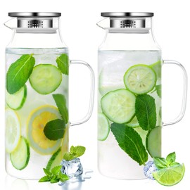 2 Pcs Glass Pitcher with Lid and Spout, Glass Carafe for Hot/Cold Water with Handle, Iced Tea Pitchers Beverage Pitchers for Fridge Coffee, Juice and Homemade(Stainless Steel,68 oz)