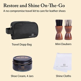 FootFitter Premium Shoe Cream Polish Kit, Carnauba Wax Polish, Shine Cloths, Applicators & Travel Bag for Leather Shoe Care & Touch-Ups (Dark Shades)