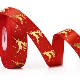 20mm 25 Yards Red Christmas Ribbon Roll Gold Reindeer Christmas Ribbons for Christmas Crafts Gift Wrapping Xmas Present Packaging Decorations