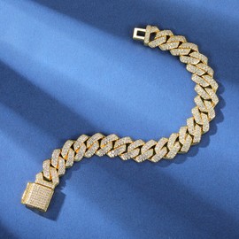 Gemsme 14mm Cuban Bracelet, Hip Hop Heavy 18k Yellow Gold Plated 14MM Full Iced Out Miami Cuban Link Chain Bracelet