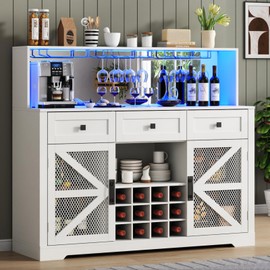 Auromie Buffet Cabinet with LED Lights, Coffee Bar Cabinet with Wine Racks and Glass Holders & Adjustable Shelves, Kitchen Storage Sideboard Cabinets with 3 Drawers for Home, Dining Room (White)