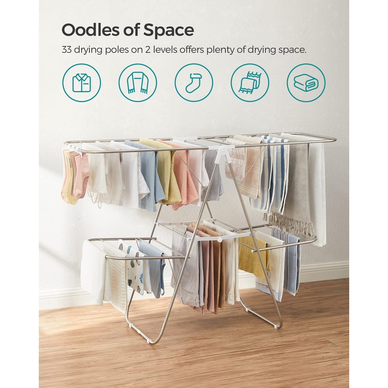 SONGMICS Clothes Drying Rack, Foldable 2-Level Laundry Drying Rack, Free-Standing