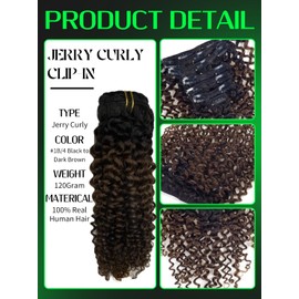 Anrosa Hair Extensions 18inch Curly Clip In Human Hair Ombre Jerry Curly Human Hair Clip In Extensions 3B 3C Type Real Remy Hair Natural Black #1B Fading To Dark Brown #4 Color 120gram Per Set