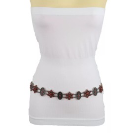 Unbranded Women Silver Metal Charms Beige Fabric Tie Ethnic Belt Hip Waist Red Flower S M