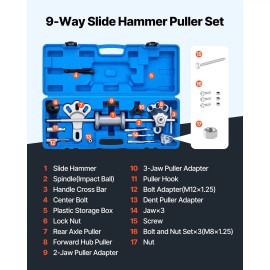 15PCS 9-Way Slide Hammer Gear Puller Set Front & Rear Wheel Axle Hub Dent Shaft Remover Tool Kit for Axle BType: Slide Hammer Puller