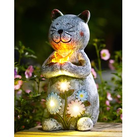 Tiejiajiang Solar Cat Statue Hold a Butterfly - Outdoor Solar Statues Garden Decor - Unique Design Ideal Gifts for Women,Mom