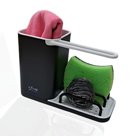 3 in 1 ABS Plastic Easy to Clean Sink Organizer – Sink Scourer Holder with Compartments and Hanger Scourer Sink – Kitchen Sink Organizer Black and White (Black)