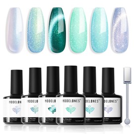 modelones Gel Nail Polish Set 6 Colors Green Cat Eye Gel Nail Polish White Glitter Light Blue Mint Green Mermaid Pastel Shimmer Gel Polish Soak Off LED Spring Nail Art Gel Salon DIY Gift For Women