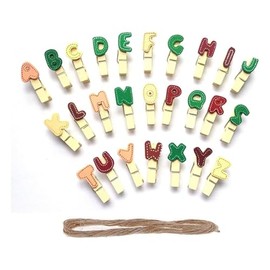56-Pack Mini Natural Wooden Clothespins with Colorful English Letters A-Z - Craft Clips with Jute Twine for Photos, Papers, Cards