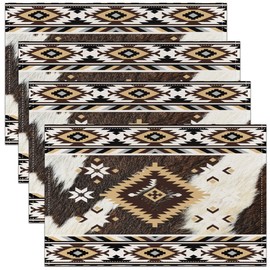 Cowhide Aztec Washable Fabric Decoration Table Mats Placemats Set of 4 18"x12" Southwestern Aztec Table Place Mats Cow Fur Print Place Mats Boho Exotic Table Mats Microfiber