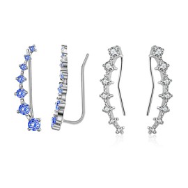 xdlhghe 2 Pairs Crawler Earrings for Women, Silver Blue Yellow Colorful Rhinestone Cubic Zirconia Hypoallergenic, Flat Back Cute Threader Ear Piercing Fairy Sparkly Climber Climbing Jewelry
