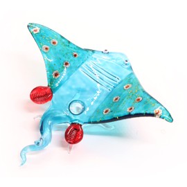 WitnyStore Tiny 3¾" Long Light Blue with Glittering Red Dots Stingray Figurine - Miniature Hand Blown Glass Sea Rays Colorful Fish Marine Animal Crystal Decorative Collectible Figurines Décor Gifts