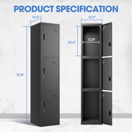DNA MOTORING Metal Storage Cabinet for Employees with Keys, 71" Employees Metal Locker with 3 Doors, Tall Storage Lockers for Garage,Office,Home,Gym, Black, TOOLS-00789-BK-BK