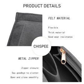 Chispee Felt Purse Organizer Insert Luxury Handbag Organizers for Longchamp Divider Pocket & Zipper Inner Bag Liner fit Small, Grey