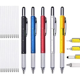 KEWAYO 5Pcs 6 in 1 Multifunction Pen Tool, with Scale Ruler, Spirit Level, Ballpoint Pen, Stylus & Small Screwdriver Set with 20 Refills