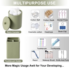 Resin 6 Pcs Green Bathroom Set Complete with Toothbrush Holder, Lotion Soap Dispenser, 2 Qtip Holder Dispensers,Vanity Tray,Bathroom Tumbler - Countertop Vanity Organizer - Bathroom Accessories