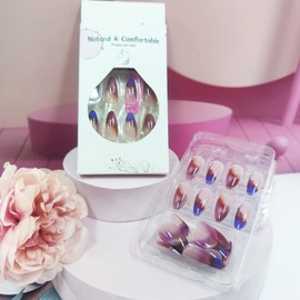 Nebula Press on Nails 24Pcs French Tips False Nails Brown Ombre Medium Almond Acrylic Fake Nails Glossy Purple Gradient Stick on Nails Multicolor Marble Gel Glue on Nails for Coquette Women Girls