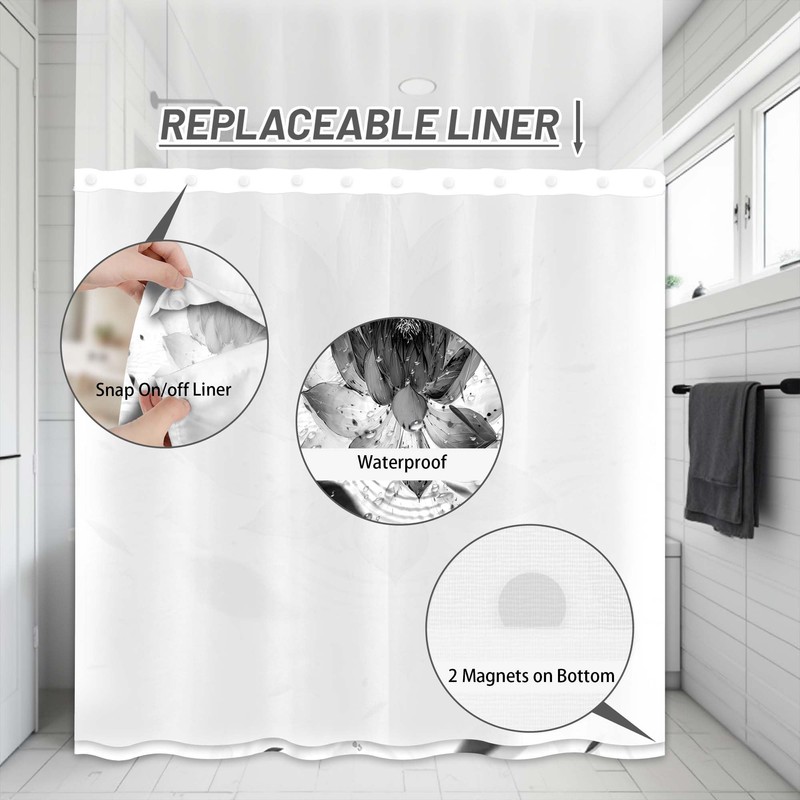 Lotus Hookless Shower Curtain with Snap in Liner, Black and