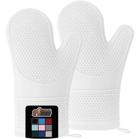 GORILLA GRIP Heat Resistant Durable Silicone Oven Mitts, BPA-Free Protective Grilling Potholders, Soft Cotton Lining, Flexible Waterproof Cooking Mitt Set, Kitchen Home Essentials, 12.5x8.3, White