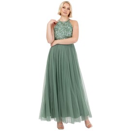 Maya Deluxe Women's Maxi Dress Bridesmaid Halterneck Sequins Decorated Prom Wedding Dress for Special Occasions Bridesmaid Dress, Deep Mint Green