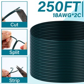 Kanayu 250 ft SPT-1 Christmas Green Wire 18/2 Low Voltage Landscape Wire Electrical 18AWG Blank Wire for Christmas Lights with 10 Vampire Zip Plugs Primer Cord for Landscape Lighting Lamp Decor