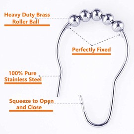 Shower Curtain Hooks Rustproof Stainless Steel Curtain Rings with Metal Polished Roller Balls Heavy Duty Drapery Rings for Bathroom Set of 14 Pack Hooks