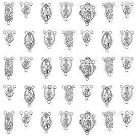 30Pcs 6Styles Tibetan Alloy Rosary Centerpiece Parts Charms Oval Jesus Virgen De Guadalupe Charm Pendant for Diy Catholic Prayer Necklace Making Kits Supplies
