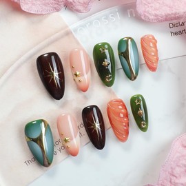 Handmade Press on Nails Almond Shaped Medium French Fake Nails Golden Stars Moon Designs Gradient Full Cover Acylic False Nails Thick Stick on Nails for Women DIY Manicuare（Size M）