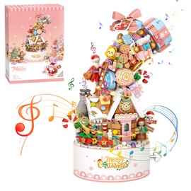 MEIEST Falls Building Blocks Rotating Music Box Set,Candy Flower Bonsai Botanical Collection with Light,Home Decor (Christmas)