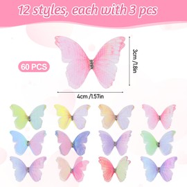 LIQWEI Pack of 36 Organza Fabric Butterfly, Translucent Chiffon Butterfly 3D Colour Gradient Butterflies for DIY Decoration Scrapbooking Window Hair Clip Decoration and Luggage Wall