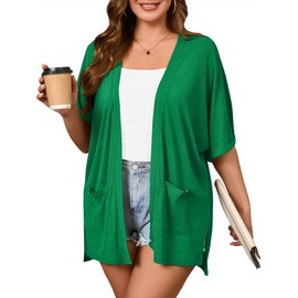 AusLook Plus Size Lightweight Cardigan for Women Open Front Short Sleeve Summer Casual Loose Cover Ups Kimono Dressy Blouse Tops with Pockets Green 4X