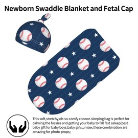 Cute Baseball Print Baby Stuff Swaddle Blanket Hat Set for Boys Girls, Soft Newborn Sleeping Sack Receiving Blanket Shower Gift