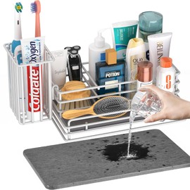 Yofidra Toothbrush & Toothpaste Holder with Stone Drying Mat: Quick Stone Sponge Holder & Toothpaste Dispenser, Sink Caddy Kitchen Bathroom Countertop Organizer Accessories 9.5" X 5.5" X 5.7"