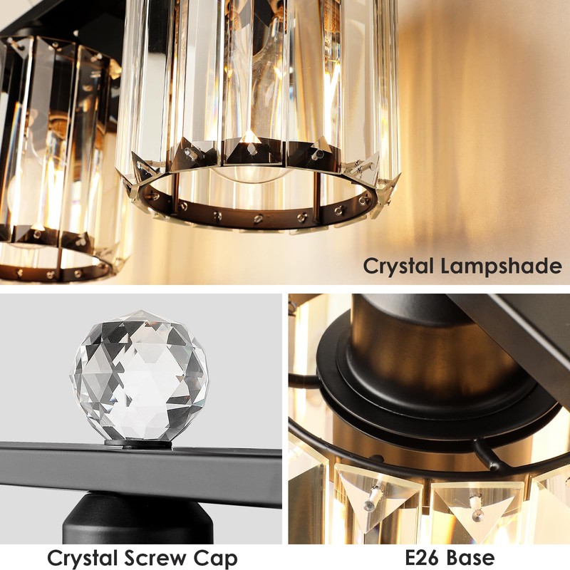 KunruiTAI 3-Light Black Modern K9 Crystal Vanity Lights, Black Bathroom