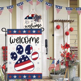 Cuiliqun 4th of July Garden Flag Dog Paw Prints Independence Memorial Day Patriotic Garden Flags for Outside 12x18 Inch Double Sided Yard Sign Decorations