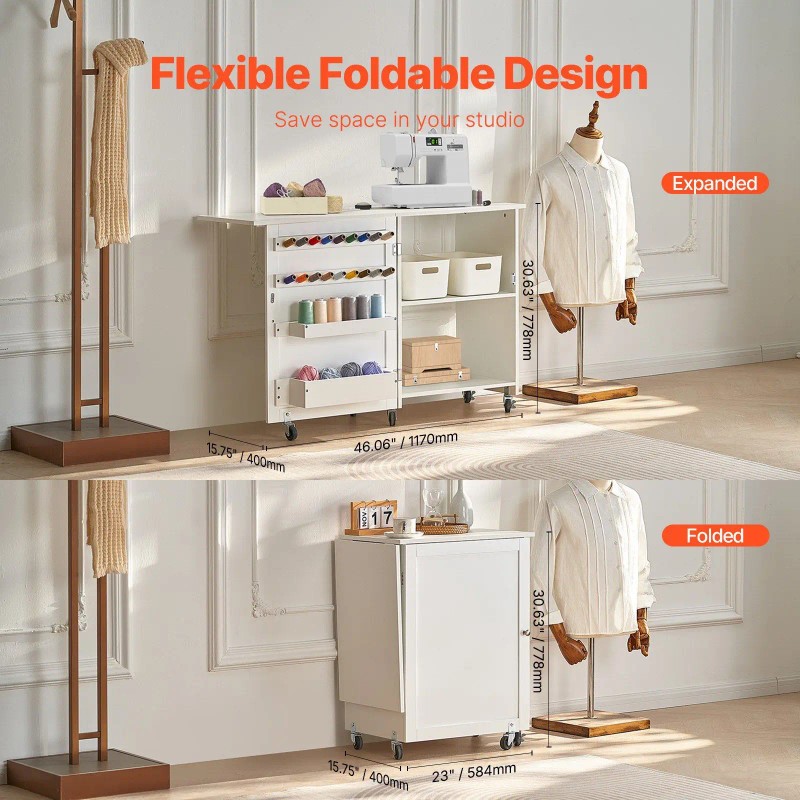 White Folding Sewing Table With Storage Shelves And Lockable Wheels