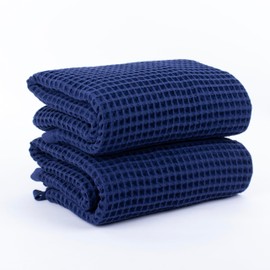 Püskül Waffle Weave Bath Towels, Organic 100% Turkish Cotton, 32X63 Inches 2-Pack (Navy Blue)