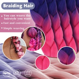 3 Pack Braiding Hair Ombre Braiding Hair 24 Inch Jumbo Braiding Hair Extension,Nature Synthetic Hair Extensions for Braid smulticolour（Purple/dark pink/light pink/C25）
