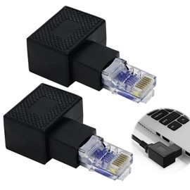 Pack of 2 90 Degree Ethernet Adapter, RJ45 Male to Female, Right and Left Angled, Shielded, Network Patch Connection, Compatible Cables for Switch, Router, Modem