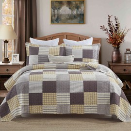 Y-PLWOMEN Quilt Set Queen Size, 100% Cotton Queen Quilt, Yellow Brown White Patchwork Plaid Queen Quilt Set, Lightweight Reversible Soft Bedspread Queen Size for All Season, 3-Pieces