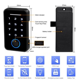 JASAG Tuya Smart APP Fingerprint Drawer Lock Cabinet Door Lock, RFlD Digital Electronic Smart Lock，with RFID Card/Password/Fingerprint/Smart Phone NFC/APP Remote Control Unlocking